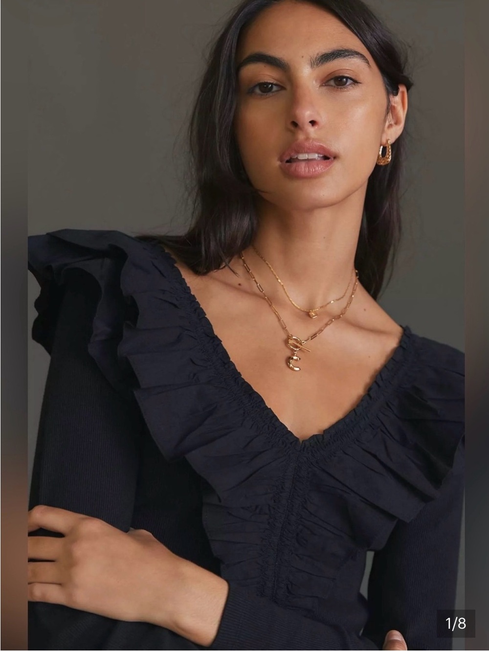 Maeve Womens Black Ruffle V-Neck Long Sleeve Top-large